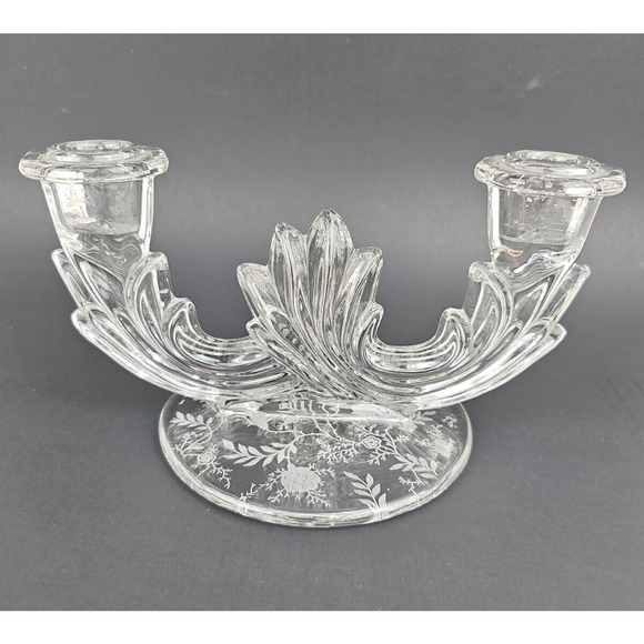 VTG Fostoria Crystal Etched Glass Meadow Rose Baroque Candelabra Candle Holder - Picture 1 of 8